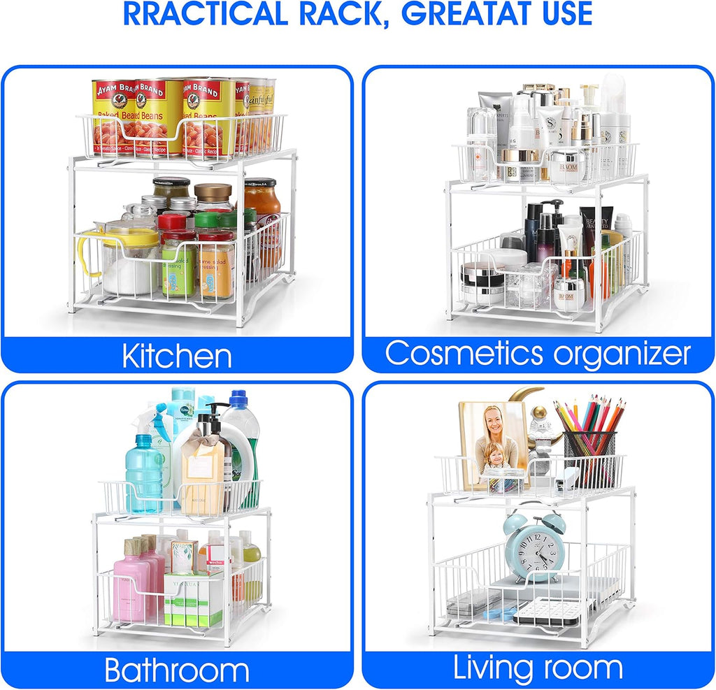 Stackable 2-Tier Spice Rack (2-Pack) – Cabinet Organizer with Sliding Drawers for Kitchen Storage, White