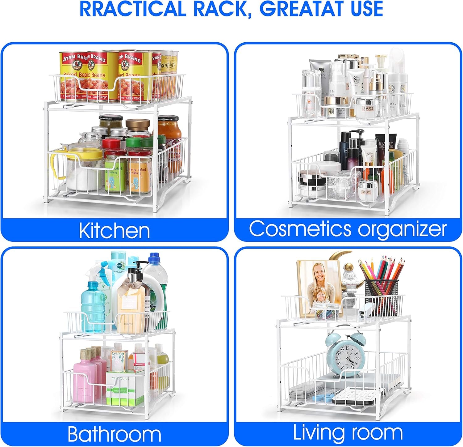 Stackable 2-Tier Spice Rack (2-Pack) – Cabinet Organizer with Sliding Drawers for Kitchen Storage, White