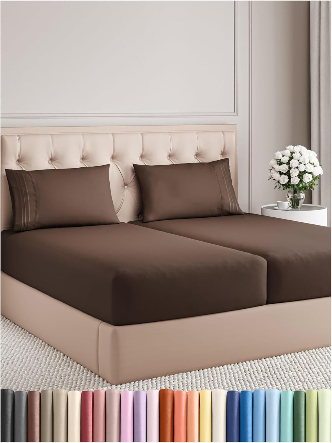 Split King Size 5-Piece Sheet Set – Ultra-Soft Cooling Sheets with Deep Pockets, Wrinkle-Free & Oeko-Tex Certified (Brown)