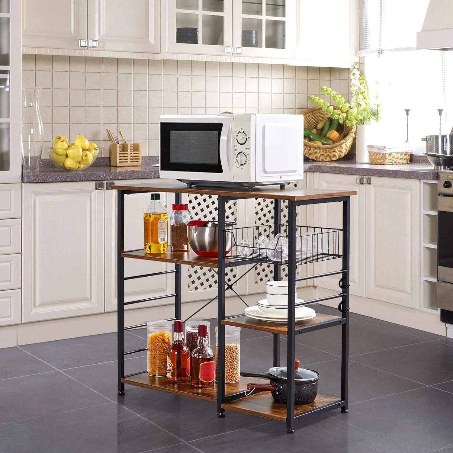 4 - Tier Kitchen Baker’s Rack – Rustic Coffee Bar & Microwave Stand with Wire Basket and Side Hooks for Storage & Organization - OurOwnHaven