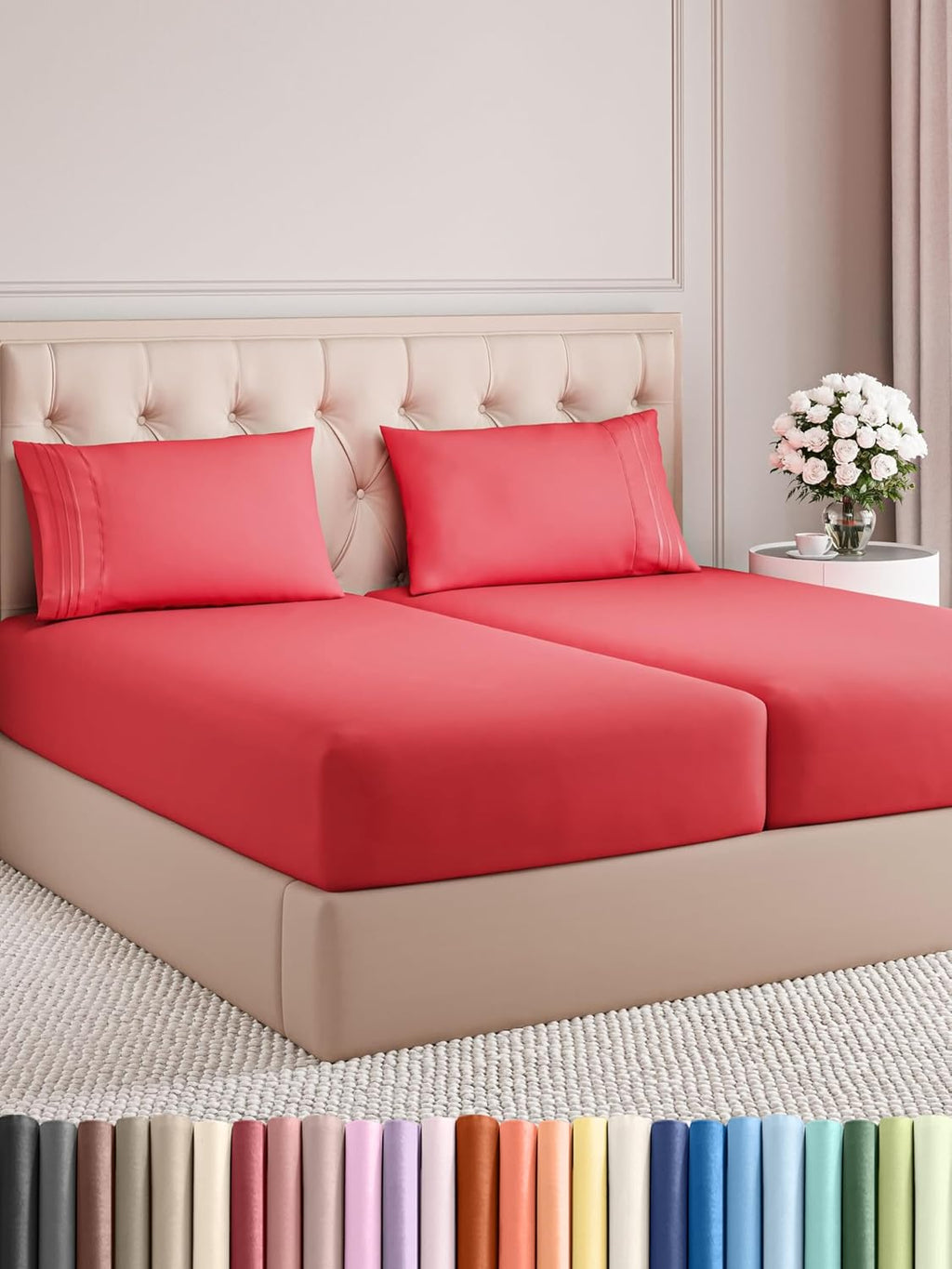 Split King Size 5-Piece Sheet Set – Cooling, Ultra-Soft Hotel-Luxury Sheets with Deep Pockets, Wrinkle-Free & Oeko-Tex Certified (Red)